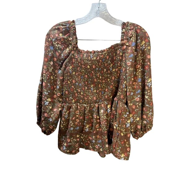 Floral Smocked Peasant Blouse With Square Neckline By‎ Mine L - Picture 2 of 12